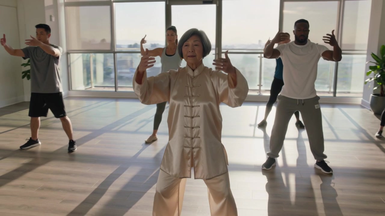 Denge için stüdyoda ipek giymiş kıdemli bir eğitmen, öğrencilere tai chi başlangıç duruşunda rehberlik ediyor.