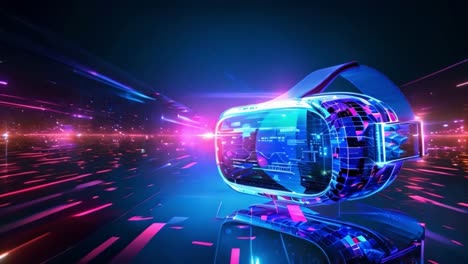 futuristic virtual reality headset in a digital cyberpunk environment