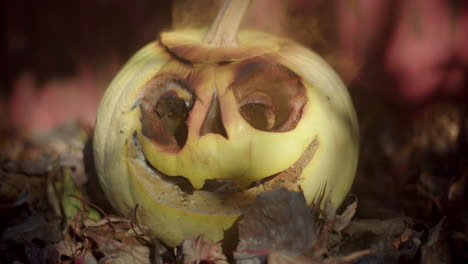 rotten white halloween jack-o'-lantern with a small amount of yellow smoke drifting up