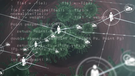 red de iconos digitales y procesamiento de datos contra múltiples células de covid-19