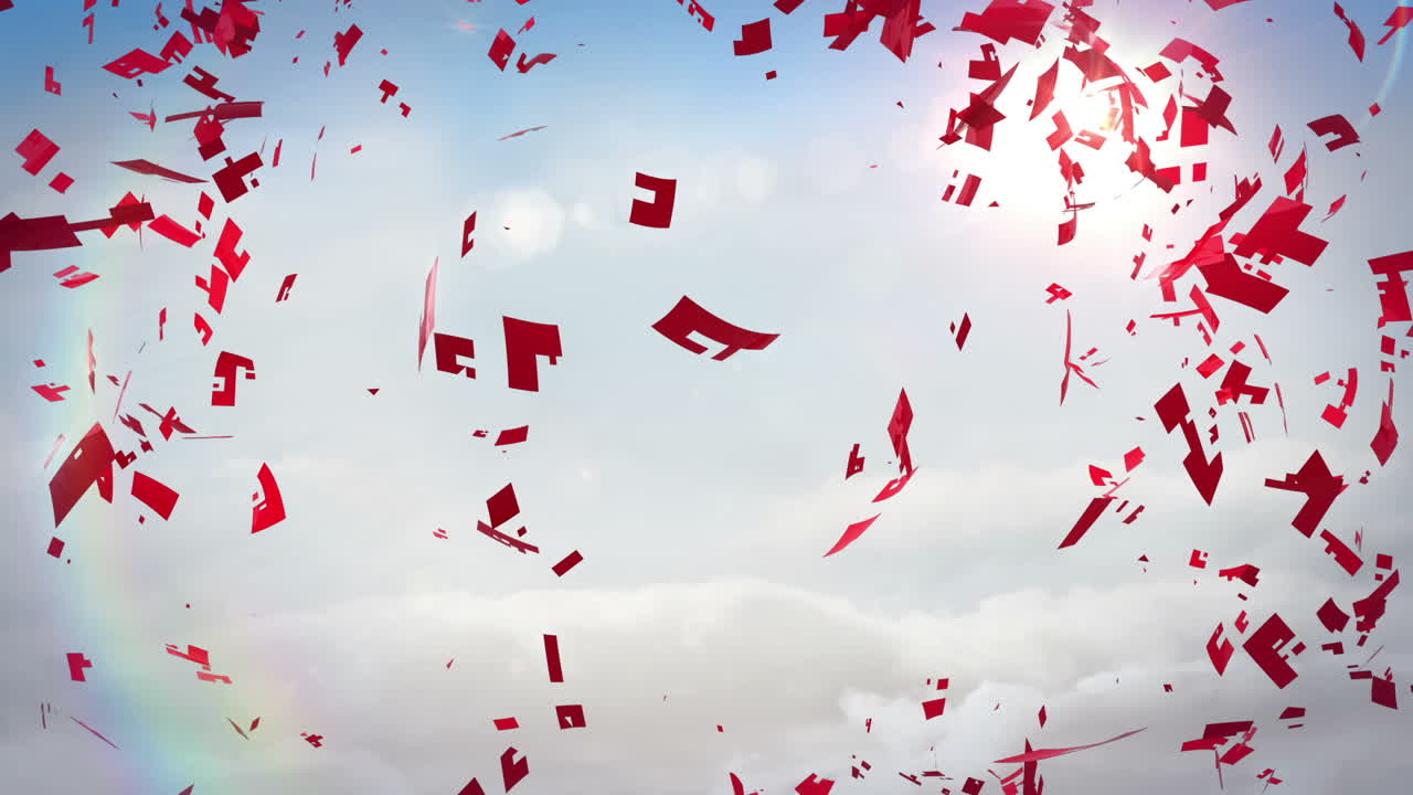 은 심장이 파란 하늘 위에서 돌고 폭발합니다.