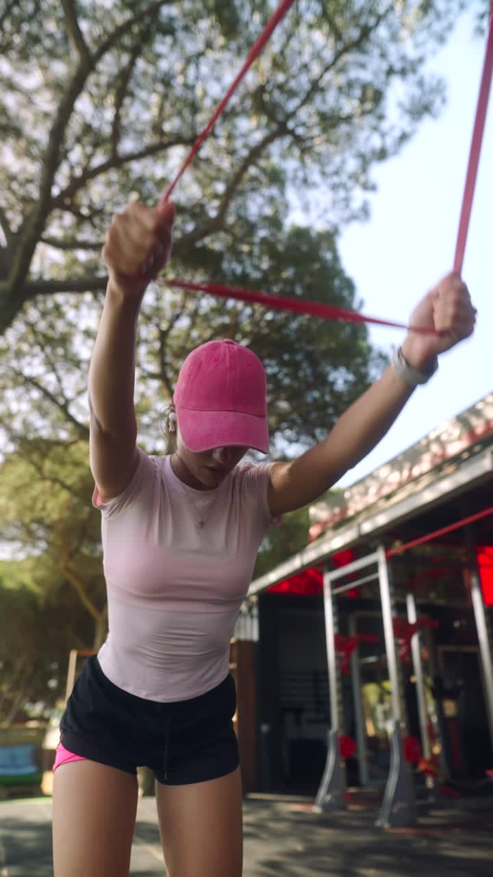 저항 밴드 를 착용 하여 야외 에서 운동 하는 여자