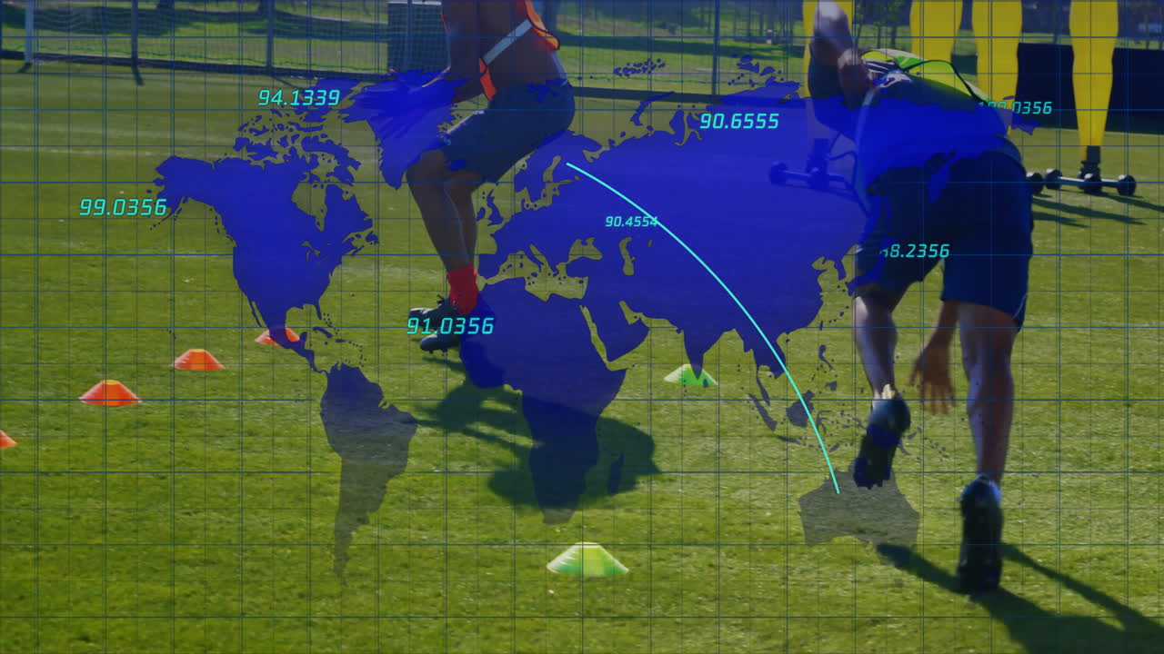 Athletes training on field with global map and data overlay animation