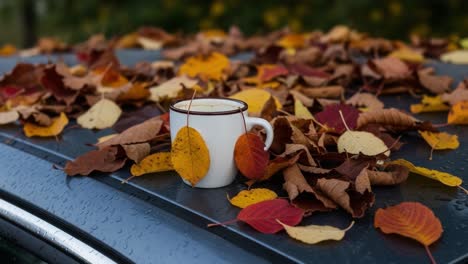 A Cozy Scene of an Enchanted Autumn Day with a Warm Beverage on a Rain-Drenched Car Roof Surrounded by Vibrant, Colorful Fallen Leaves
