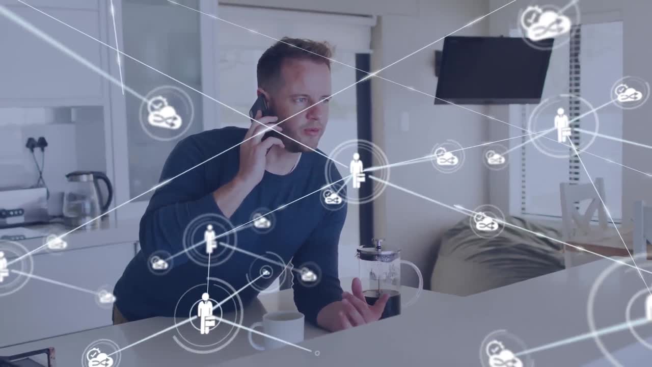 스마트 폰을 사용하는 백인 남성의 네트워크를 통해 데이터 처리의 애니메이션