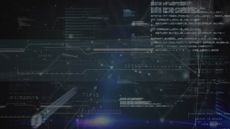 Animation of connected dots, programming language and binary codes against abstract background