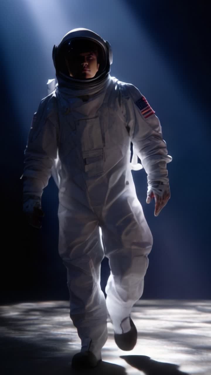 Un astronauta solitario avanza, illuminato da misteriosi fasci di luce, incarnando coraggio ed esplorazione nelle profondità di un ambiente ispirato allo spazio