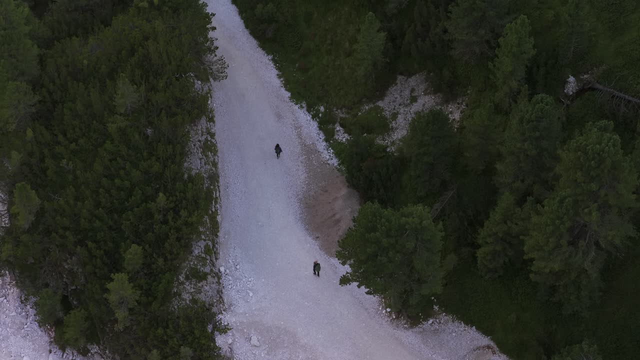 Two hikers walking on remote gravel trail through forest at dusk, near Vajolet Towers in Dolomites. Aerial drone top-down view