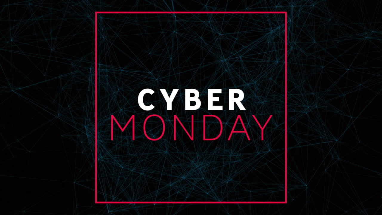 Animation af teksten "Cyber Monday Sale" over netværk af forbindelser.
