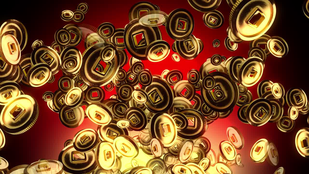 3d motion graphic of a lot of gold yuan coins explosion from the center on red light background.