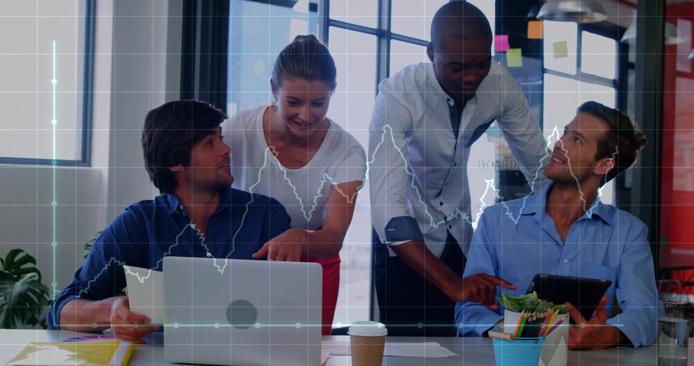 Vertical video: Diverse coworkers woman pointing, men scrolling tablet and laptop, reviewing graph