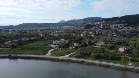 Lefkada Island (Greece) Lagoon Shore with Holiday Homes Aerial Dolly In