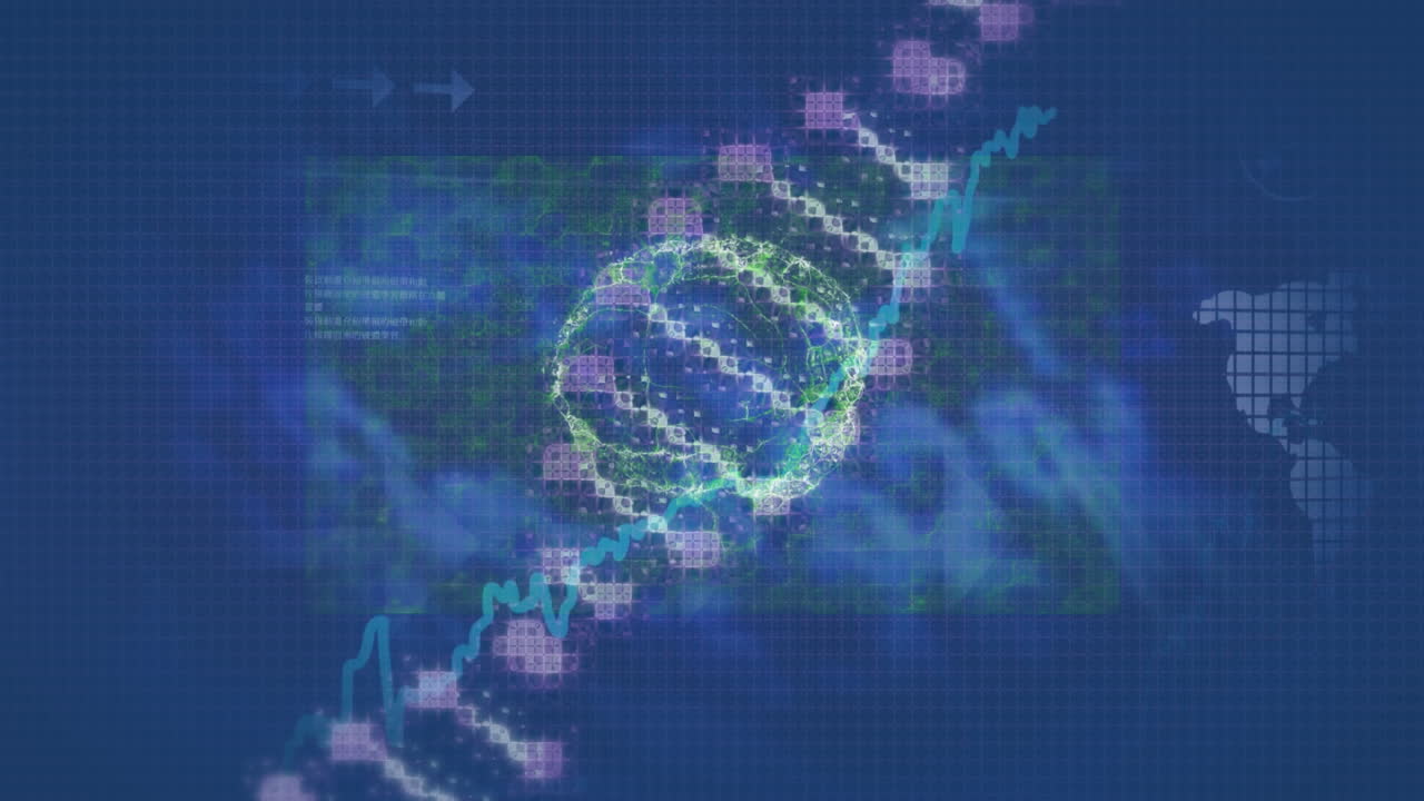 Animation of dna strand over data processing and digital brain