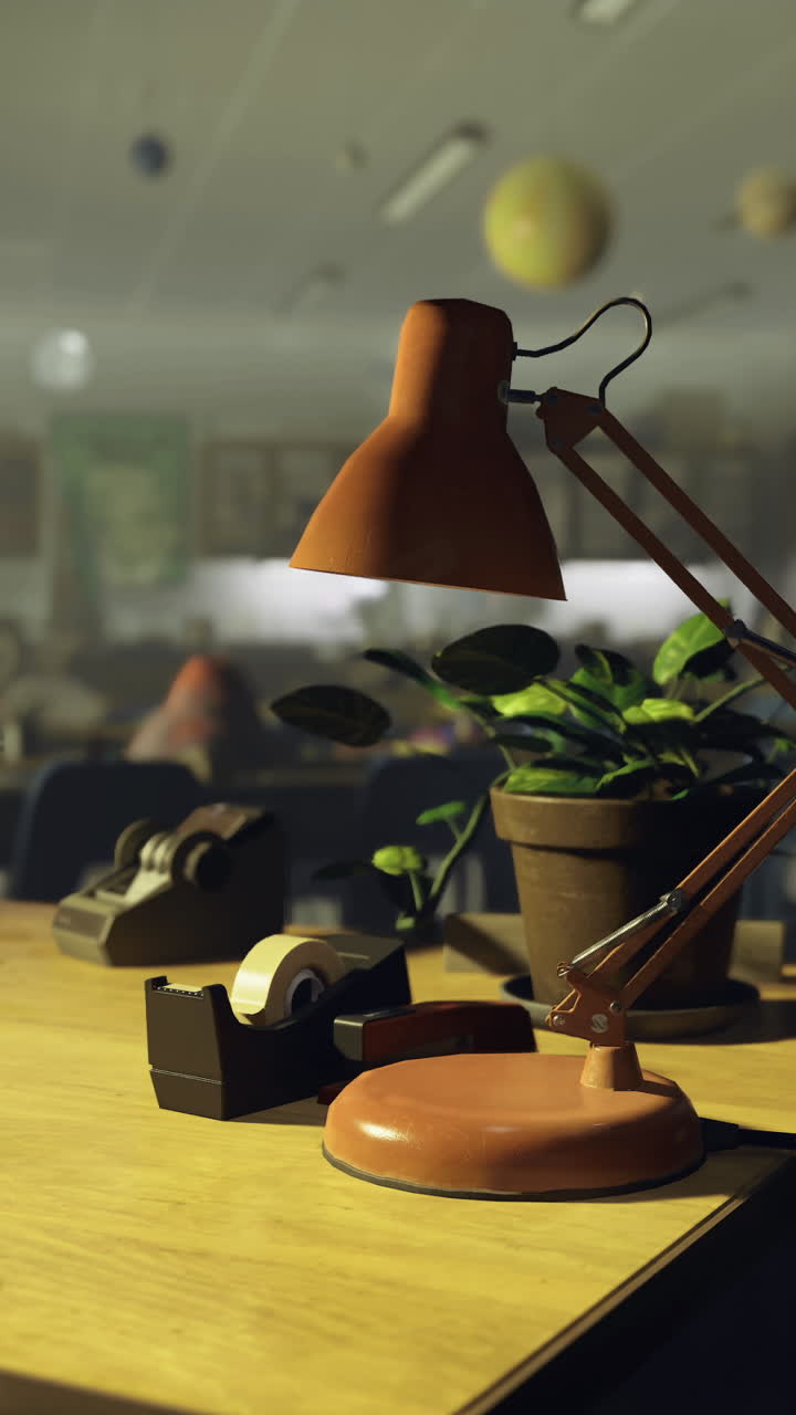 Classroom workspace with desk lamp and plant in a creative learning environment