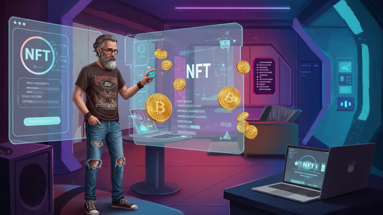 Esplorando il mondo degli NFT: Un appassionato di tecnologia impegnato in analisi sulle valute digitali e transazioni di arte virtuale in un ambiente futuristico