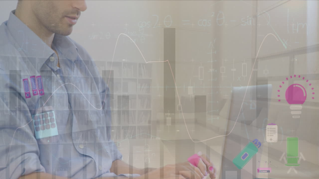 animación del procesamiento de datos financieros, iconos y estadísticas sobre el hombre caucásico usando computadora portátil