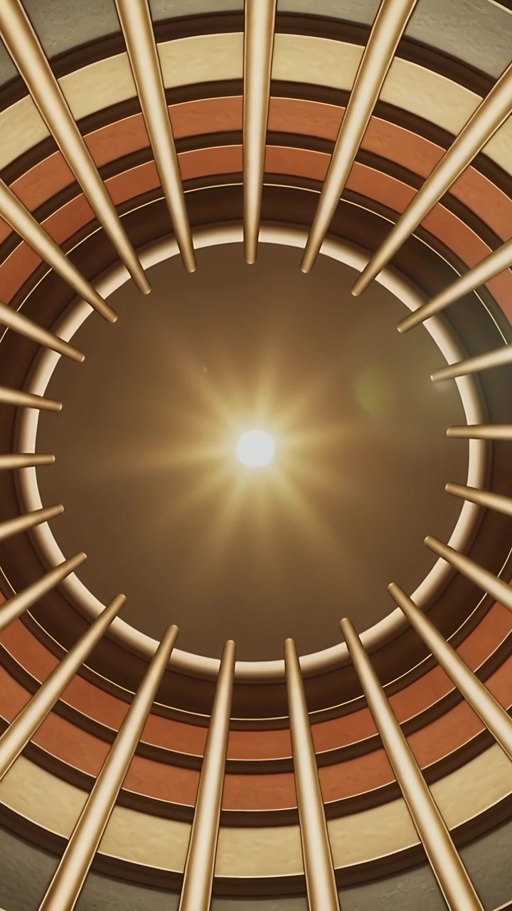 Vertical video: Central light causing ringed atrium shifting subtly with lens flare, spokes in hall