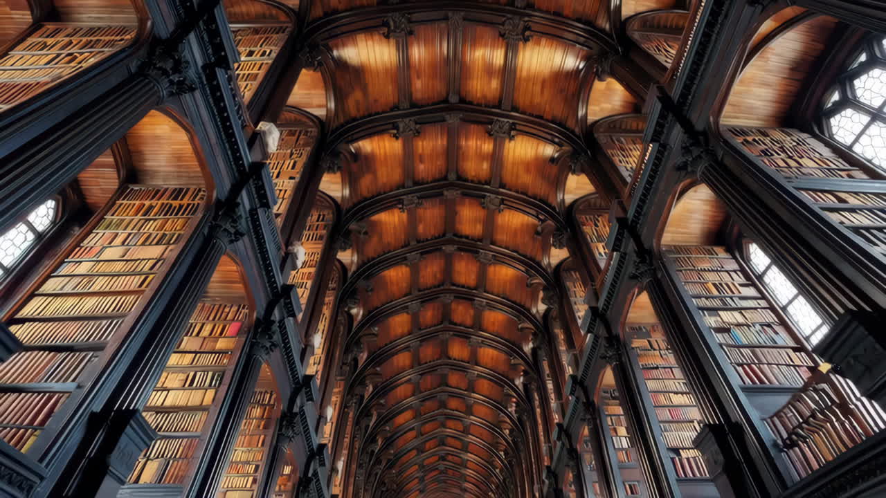 Grand Library Interior with Ornate Vaulted Wooden Ceiling and Bookshelves