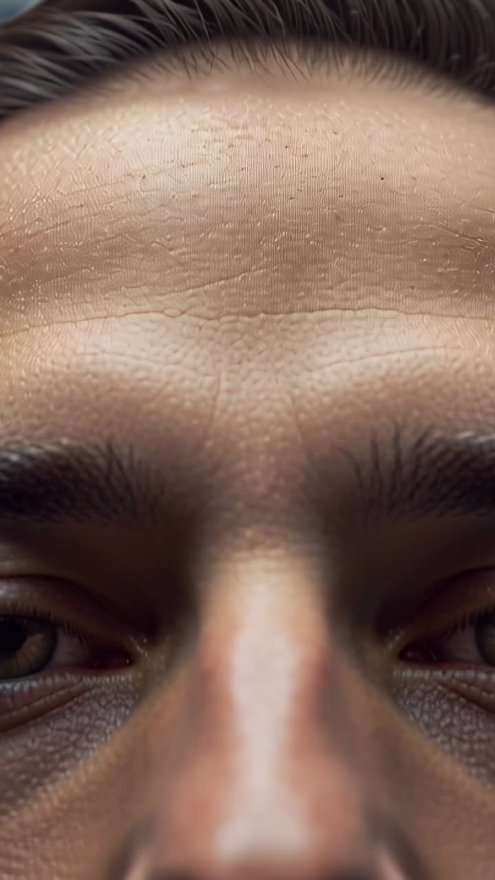 Vídeo vertical: Câmera focando no rosto masculino, revelando cabelo, sobrancelhas e olhos em estúdio para visualização da pele.