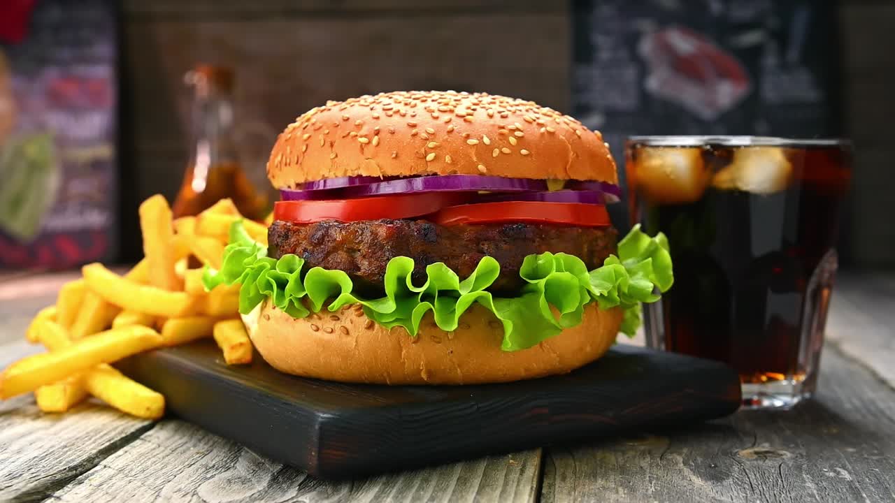 Un hamburger appetitoso con patatine fritte e una bibita, servito su un tavolo di legno. Un hamburger con lattuga, pomodoro e cipolla è appoggiato accanto a patatine fritte e un bicchiere di bibita su un tavolo di legno.