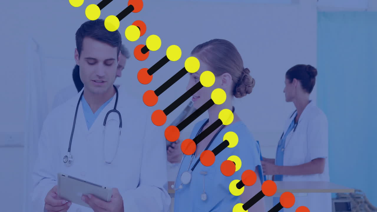 DNA strand animation over healthcare professionals discussing in hospital setting