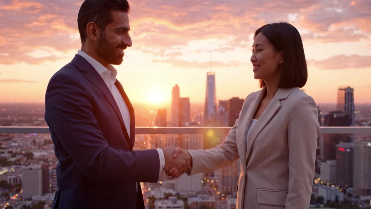 Un momento affascinante al tramonto: due professionisti che condividono un legame contro uno skyline urbano vivace