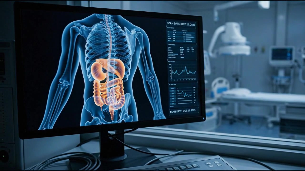 Side profile torso scan with highlighted digestive organs on diagnostic monitor