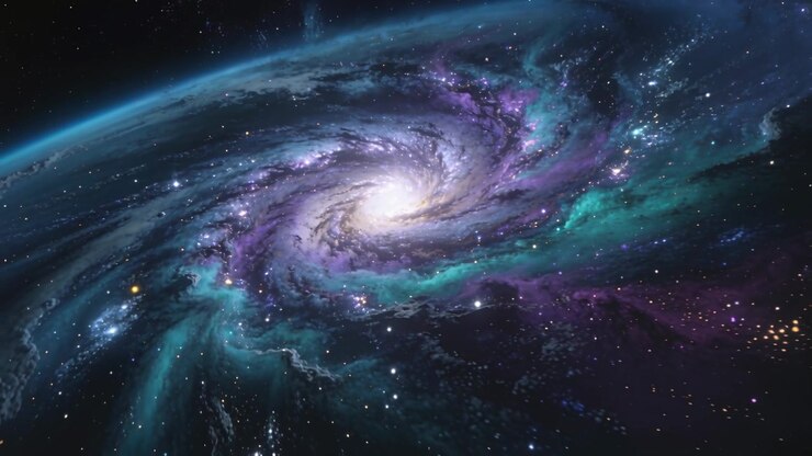 Cámara retrocediendo, galaxia espiral girando y revelando brazos junto al limbo de un planeta, nebulosas púrpuras y verde azulado.