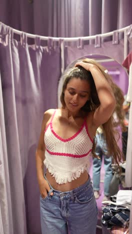 woman trying on clothes in a fitting room