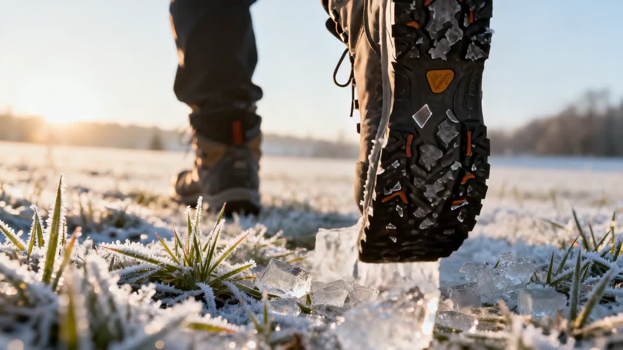 Lifting boot, hiker's boots and dark pants stepping to treeline across frost field, shattering ice