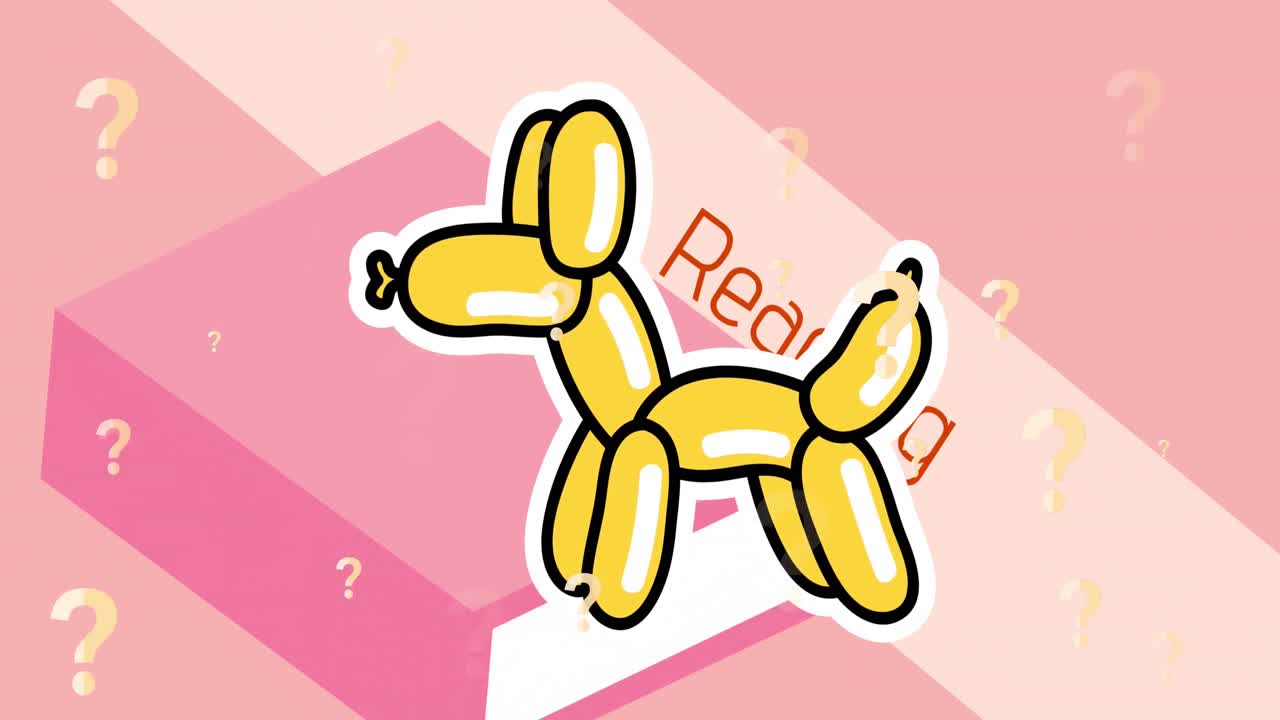 풍선 개와 분홍색 책 위에서 재미있는 독서 텍스트의 애니메이션