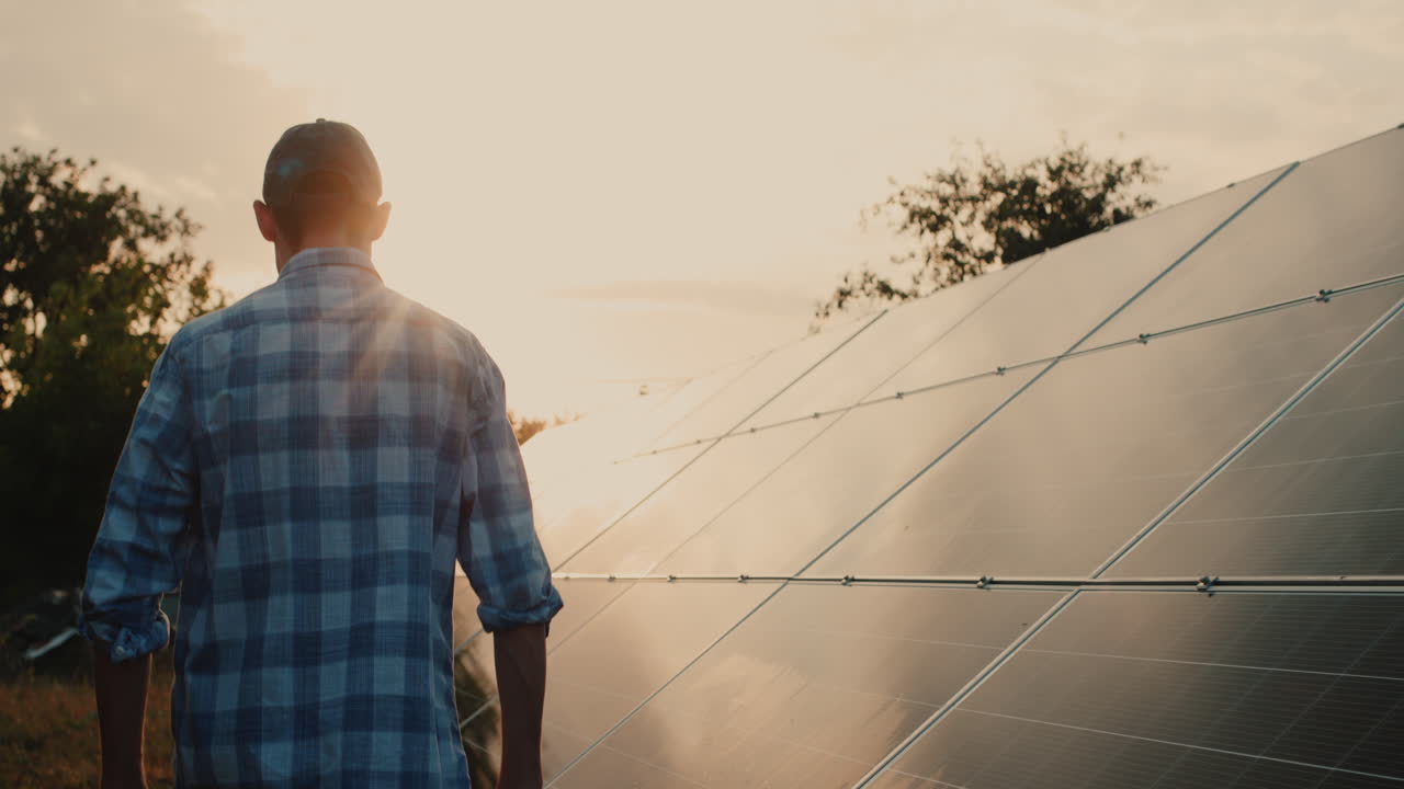 el hombre camina a lo largo de los paneles de una planta de energía solar