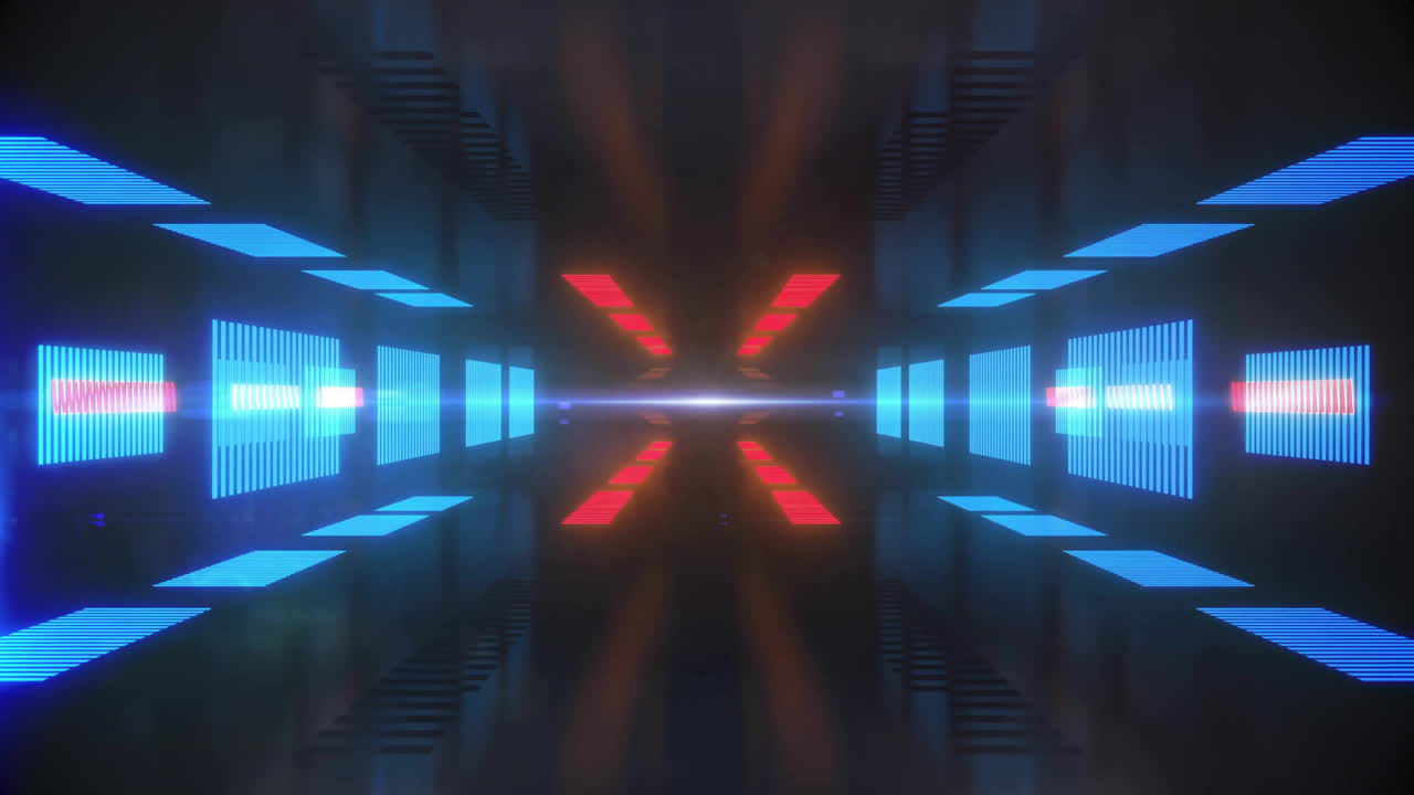 Red and blue geometric shapes with light beams, futuristic animation