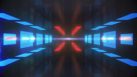 red and blue geometric shapes with light beams, futuristic animation