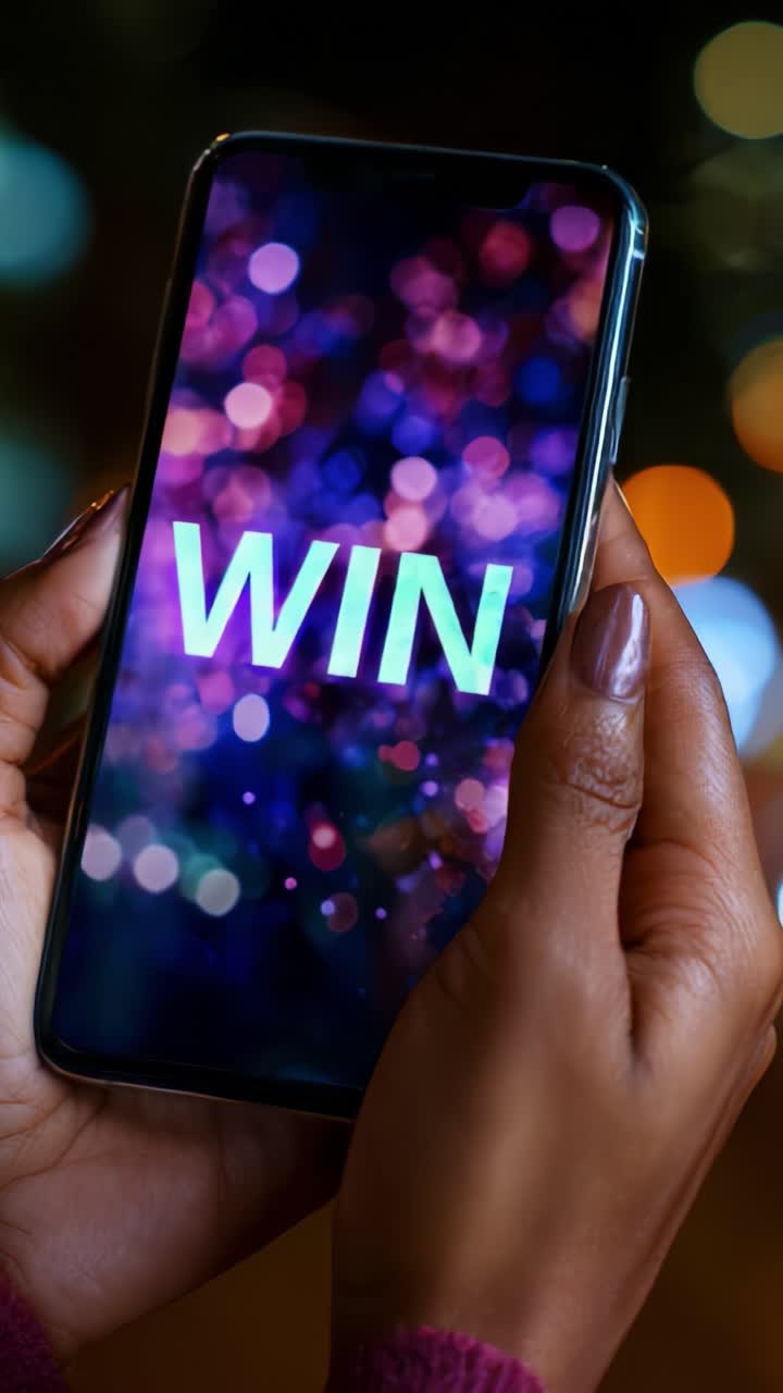 A Vibrant Celebration of Success: A Close-Up of a Smartphone Displaying the Word 'WIN' Against a Colorful Bokeh Background Full of Sparkling Lights