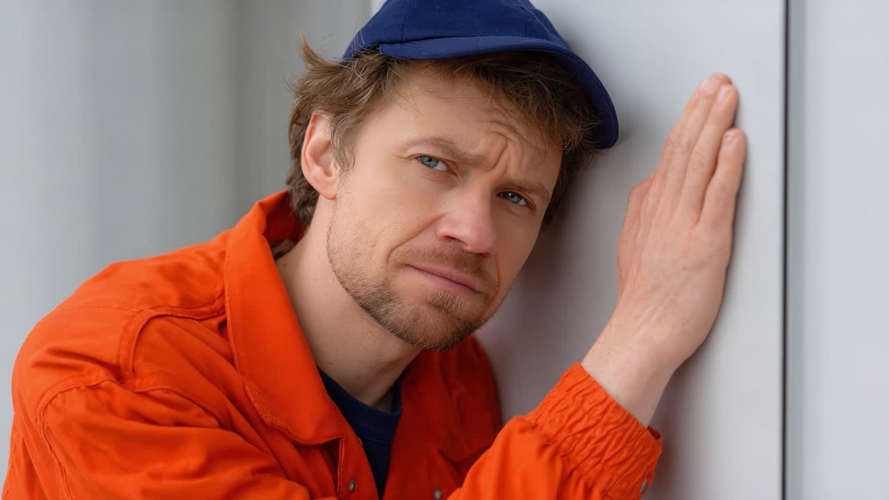 A Close-Up of a Pensive Worker in an Orange Jacket and Cap, Contemplating While Resting His Hand Against a Wall, Capturing a Moment of Reflection and Introspection