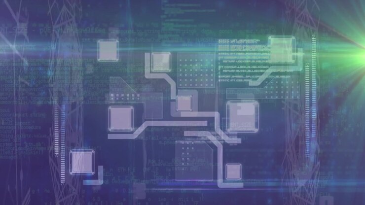 Animation of computer motherboard and processing data with lights on dark background