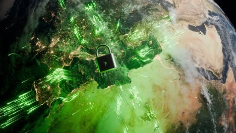 Europe and North Africa view from space with cyber lock and green digital connections. Cybersecurity and data protection concept. Global network security visualization for poster and wallpaper
