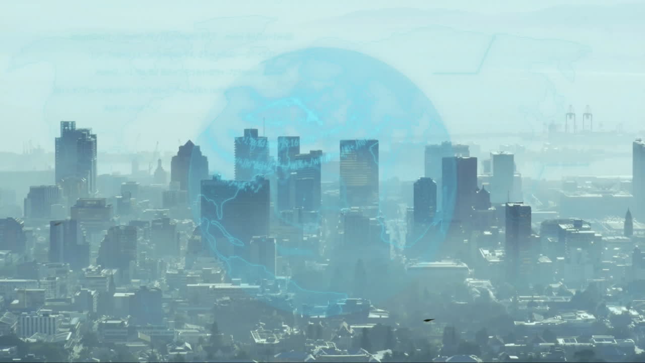 Modern skyscraper cluster showing digital globe hovering above skyline, with line-graph overlays