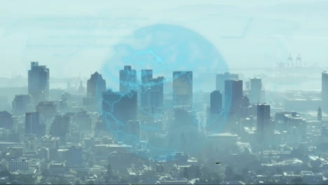 modern skyscraper cluster showing digital globe hovering above skyline, with line-graph overlays