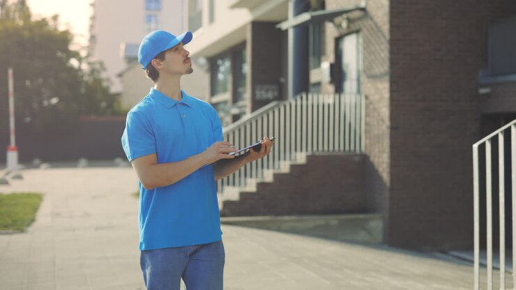 Delivery Person Taking Notes at Building Entrance