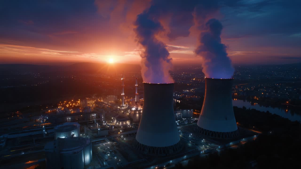 Vista aerea di una centrale elettrica industriale al tramonto, con torri di raffreddamento che emettono vapore e un cielo radioso, mostrando la produzione di energia e il paesaggio urbano.