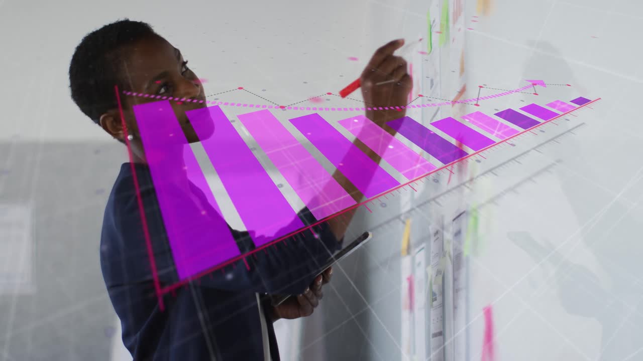 Animation of financial data processing over african american businesswoman in office