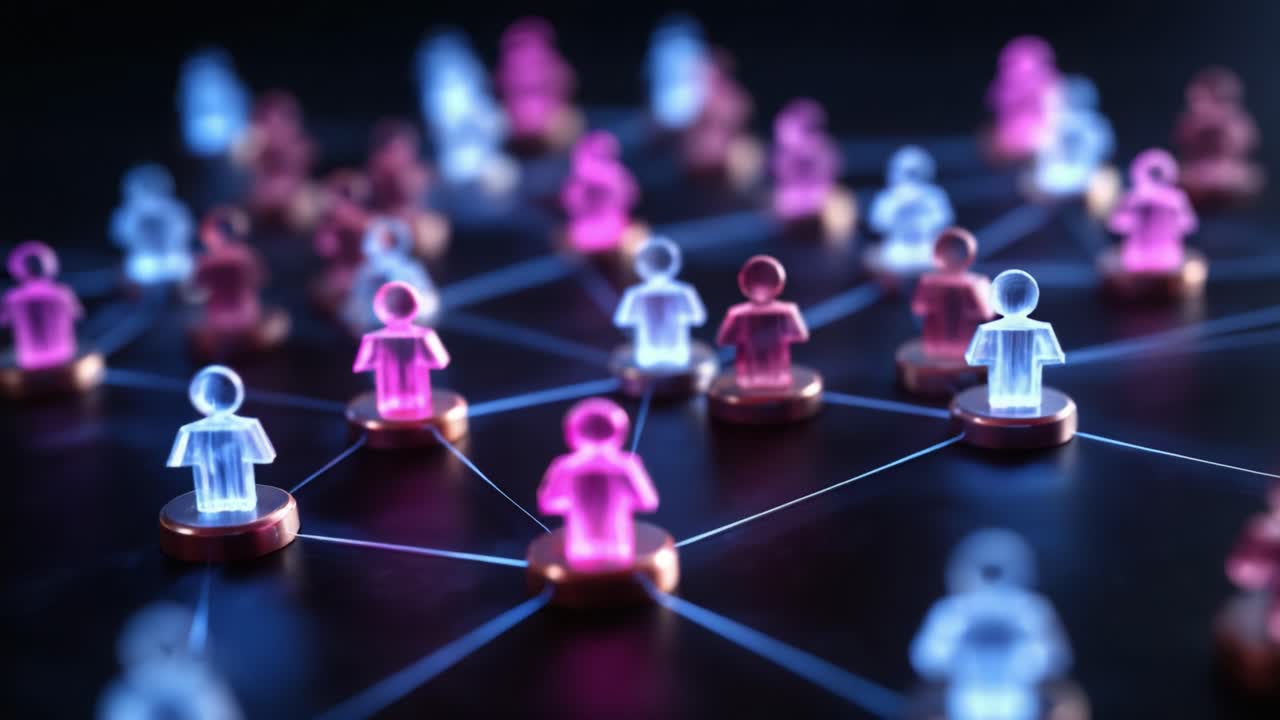 A Vibrant Network of Digital Connections: Colorful Representation of Social Interactions with Stylized Figures Highlighting Relationships and Communication Patterns