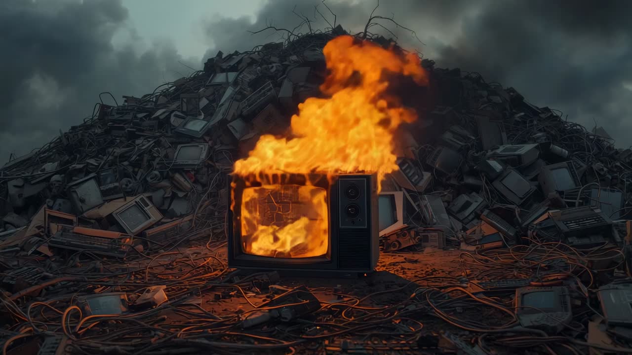 Televisore CRT che brucia, prendendo fuoco da scintille all'interno dello schermo e diffondendo le fiamme su un mucchio di rifiuti elettronici.