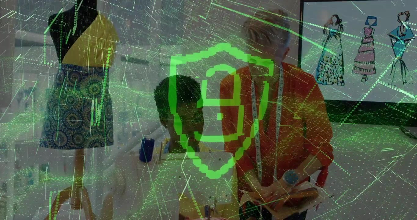 Instructor colocando un patrón de moda sobre tela, iniciando una cuadrícula verde con un escudo que se eleva asegurando datos