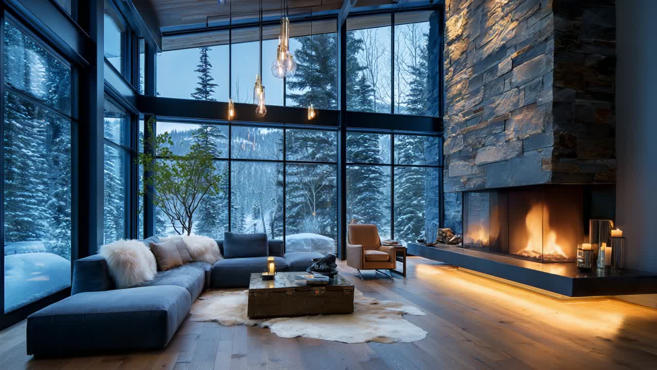 A Cozy Winter Retreat: Discovering the Serenity of a Beautiful Modern Living Room with Floor-to-Ceiling Windows and a Warm Fireplace Surrounded by Scenic Snow-Capped Mountains and Lush Pine Trees