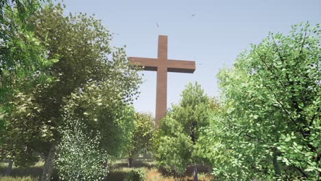 a large wooden cross standing in the middle of a forest, with trees, bushes, grass, flowers all around it, and seagulls flying above it, 3d animation with camera dolly up