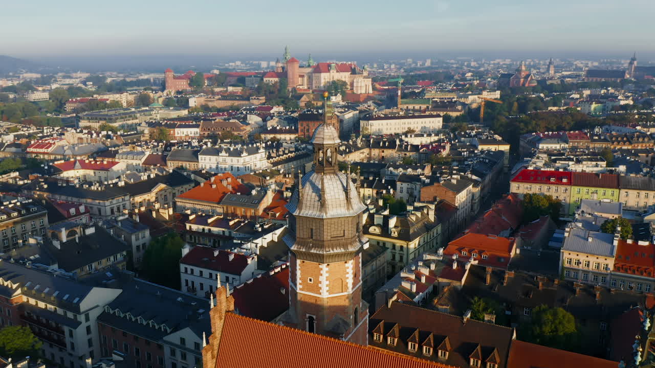 Aerial (panorama) view of Kazimierz district in Krakow, Poland View of Wawel Castle, Kazimierz tenement houses and Corpus Christi Basilica