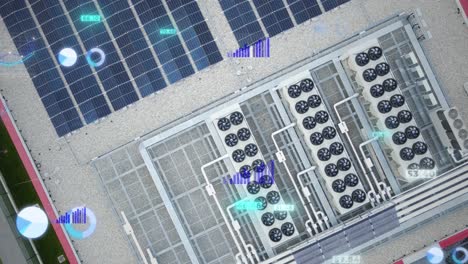 superposición de gráficos digitales sobre la instalación del centro de datos con paneles solares y ventiladores